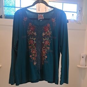Johnny Was Los Angeles Collection - Teal Long Sleeve Tunic w/Floral Embroidery